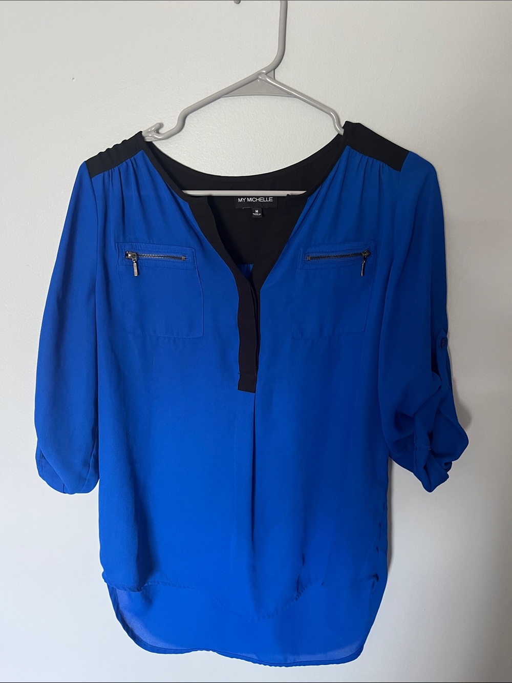 My Michelle Royal Blue Blouse with Black Trim and Zip Pockets